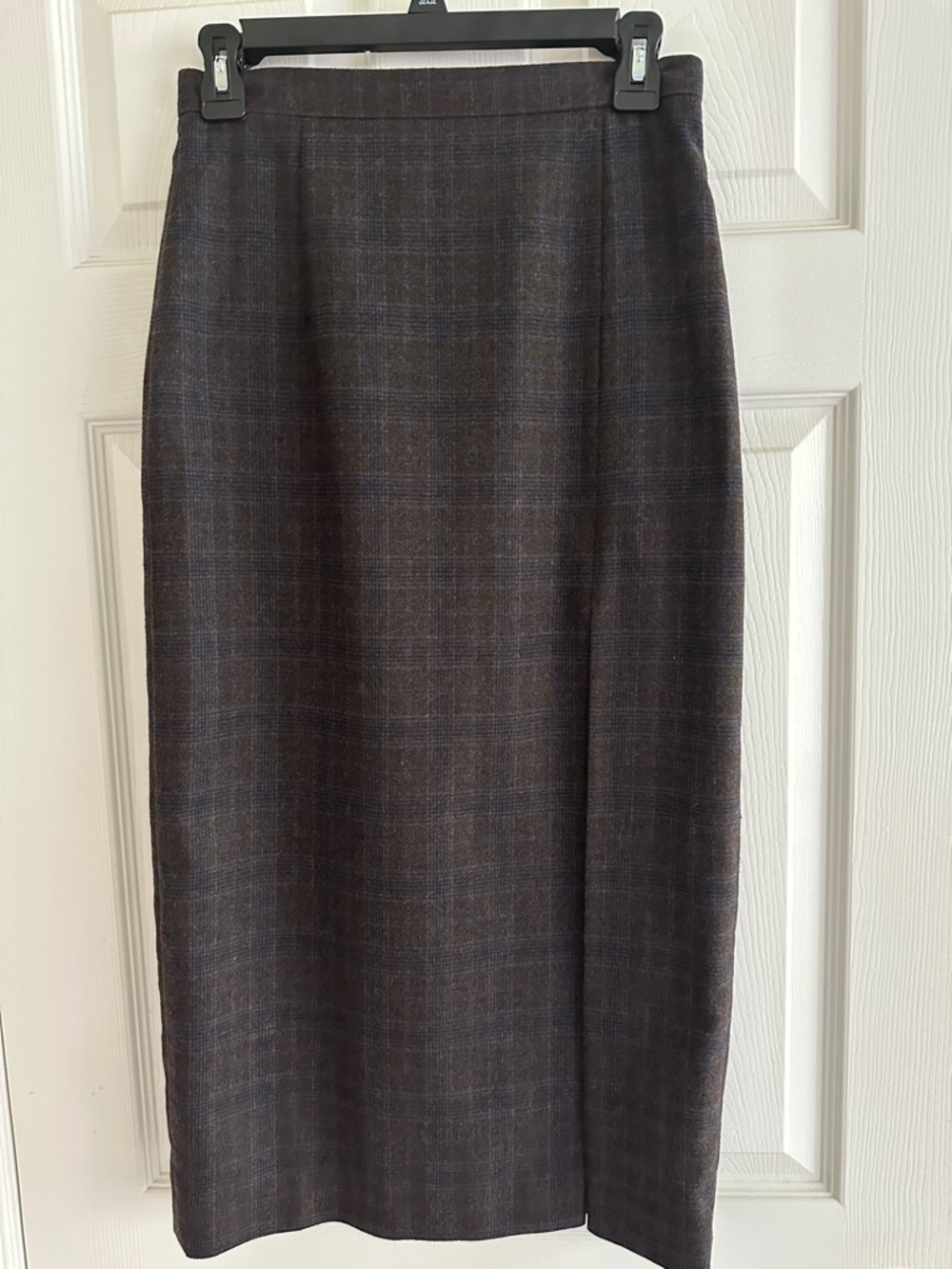 Plaid High Waisted Lined Wool Blend Brown Midi Skirt with Side Slit